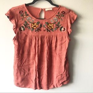 Boho Embroidered Flutter Sleeve Top